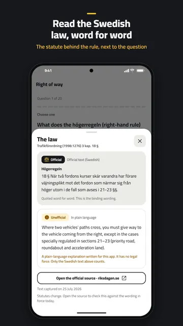 The law sheet: the official Swedish text of the right-hand rule, with an unofficial plain-language explanation.
