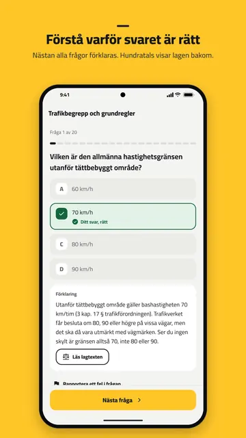 En besvarad fråga om hastighetsgränsen utanför tättbebyggt område, med förklaring och knappen Läs lagtexten.