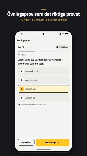 Övningsprov, fråga 24 av 70, med tiden som är kvar.
