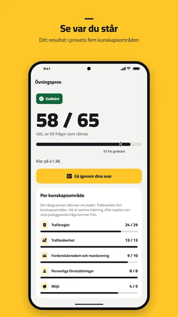 Provresultat: godkänt med 58 av 65, och resultatet per kunskapsområde.